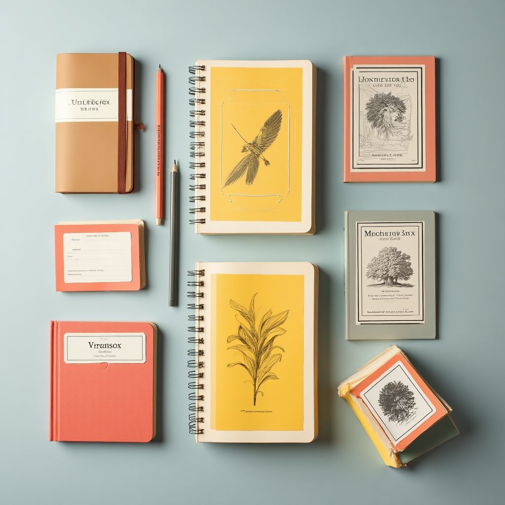 Materiales de estudio con diseño retro.